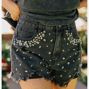 New With Tag!! Blue B/ Glitzy Bella Rhinestone & Black Denim Distressed Shorts